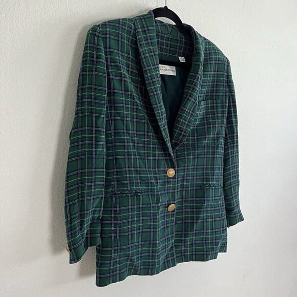 Dana Buchman Vintage 90s Silk Green & Blue Plaid Academia Blazer Petite Size 6 - Picture 10 of 10